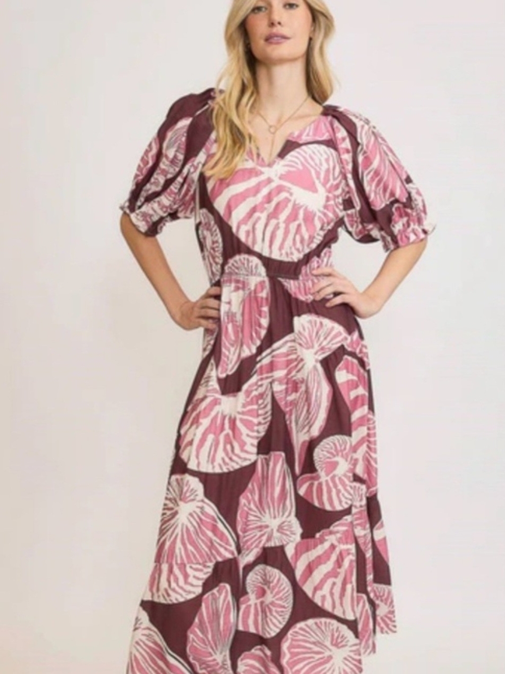 Umgee Pink and Burgundy Floral-Print Puff Sleeve Maxi Dress | Size Medium - NWT